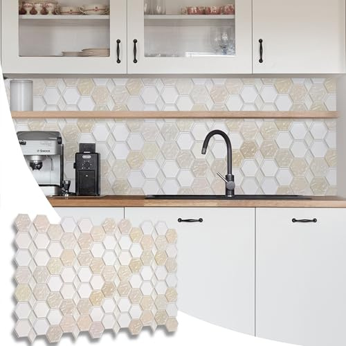 NOVECRAFTO Modern 3D Honeycomb Hexagon Tile Effect Wall Panels with Glitter - Set of 8-4.96 sqm | 53.68 Sqf - Interior Kitchen Splashback and Bathroom PVC Plastic Cladding in Beige Cream Caramel