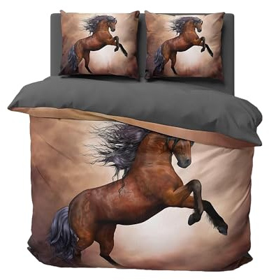 FEBE 3D Bettwäsche Pferd Bettbezug-Set 135x200 + Kissenbezug 80x80 cm Wendebettwäsche 2 Teilig mit Reißveschluss