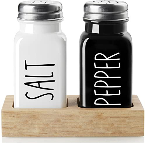 Salière et poivrière Farmhouse avec support, salière en verre avec plateau en bois pour comptoir ou table, salière et poivrière pour cuisine ou restaurant, remplissage facile, 76,5 g