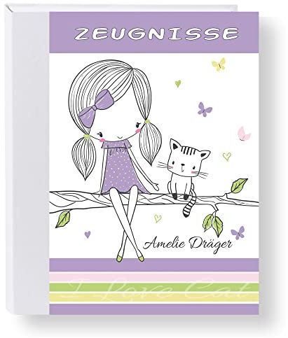 Zeugnismappe personalisiert mit Namen Lady Cat A4 ca. 31x24 cm Lila Zeugnisbuch Katze Urkundenmappe Einschulung Schulanfang