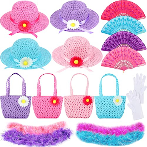 Zhanmai 20 Pcs Girls Tea Party Dress up Set Toddler Tea Party Gloves Hat and Feather Boa for Kids Girls Dress up Purses Fans for Birthdays Supplies Accessories
