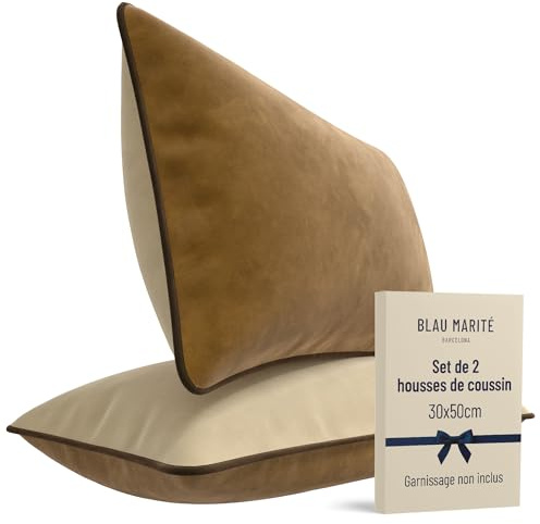 Blau Marité Set de 2 Fundas Cojín Terciopelo. Fundas Cojines Decorativos. Funda Cojin Sofa Terciopelo. Cojin Cama. Cojines salón. Relleno no Incluido. (Marrón y Beige, 30x50cm)