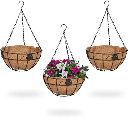 Relaxdays Vasi Sospesi per Piante, Set 3 Portavasi in Fibra di Cocco e Ferro, HD 48x31 cm, Indoor&Outdoor, Nero Naturale