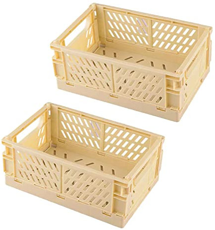 Frepea 2 Stück Aufbewahrungskorb Kleine Klappboxen Beige Faltbar Stabil Aufbewahrungskiste Kunststoff Klappkorb für Küche/Kinderzimmer/Büro(Beige Gelb)