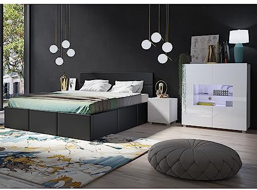 Lomadox Schlafzimmer Set 4-teilig mit Bett 160x200cm, 2 Nachttische, Highboard in weiß Hochglanz mit Kunstleder in Graphit Modern