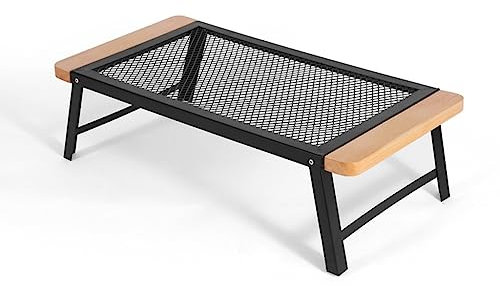 ZzZana Léger Portable Table de Camping, Pliable Table de Gril en Métal avec Treillis et Plateau en Bois, Table D'extérieur pour Camping, Pique-Nique, Camping-Car, Barbecue