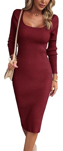 VOGMATE Strickkleid Damen Winter Langarm Kleid Sexy Herbstkleid Partykleid Midikleid Knit Bodycon Dress Pulloverkleid Wein M