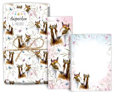 Mitgebsel-Set 12 Geschenkpapierbögen + 12 Lesezeichen + 12 Mini-Notizblöcken + 12 Aufkleber Pferde Gastgeschenke für Kindergeburtstag Mädchengeburtstag Mädchen Giveaways