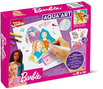 Maped CREATIV - Ausmal-Set AQUA'ART - BARBIE - Aquarell-Aktivität für Kinder - Aquarellstift + Wasserpinsel - 3 Poster im A4-Format mit Metalleffekten - ab 7 Jahren - offizielle Barbie-Lizenz