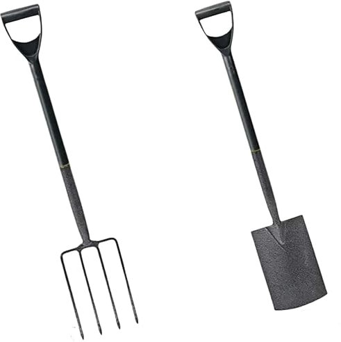 AAMEN Various Options Complete Gardening Tools Set – 2-Piece Fork and Spade, 4-Piece Garden Tools, Weed Brush, Lawn Edging Tool, and Leaf Rake – Dutch Garden Hoe, Garden Rake (Fork Spade Set)
