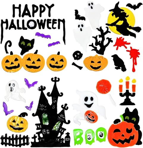 Adesivi per finestre in gel per Halloween, 4 fogli adesivi in gel spettrale per finestre, specchi e vetro, fantasmi, zucche, casa stregata, strega, pipistrelli e altro, decorazioni riutilizzabili per