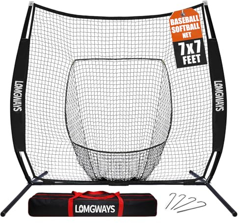 7'x7' Baseball Practice Net with Steel Frame for Batting, Hitting and Pitching, Portable Softball Net for Batting with Carrying Bag