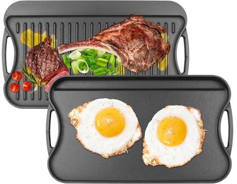 Grilleroy Cast Iron Reversible Grill/Griddle Pan - 17x10 Pre-Seasoned Rectangular Double Sided Griddle Plate for Gas Stove, Oven, Camping, Indoor & Outdoor Cooking - Non-Stick, Durable & Versatile