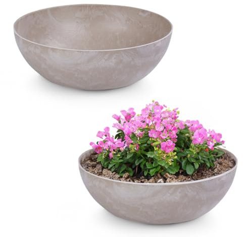 matches21 - Vaso per piante da esterno, 2 grandi ciotole decorative vintage, color sabbia, colore beige, marmorizzato come vaso da fiori, 37 x 10,5 cm, come abbeveratoio da giardino, balcone o