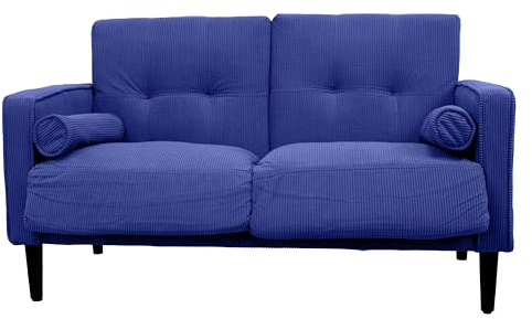 Divano 2 posti JoY in velluto a coste – Struttura in legno, gambe in rubberwood, cuscini sfoderabili + 2 extra cuscini – Tessuto vellutino in poliestere – Colore Blu