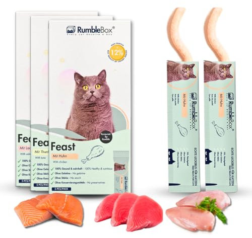 RumbleBox Schleckies mit 70% Fleisch & 1500mg/kg Taurin, getreidefrei & zuckerfrei für Allergiker, Gesunde Leckerlis für Katzen ohne schädliche Zusätze (Ultimate Sparbox 3x75g)