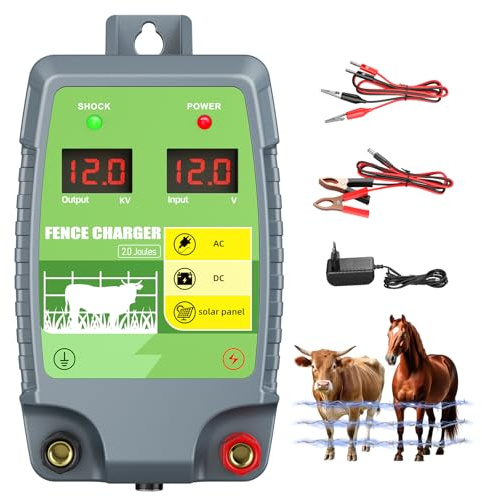 Tnamdan Dispositivo de la cerca eléctrica 2J 10 km Rango de control Impermeable Fence Energizer con pantalla LED 3 opciones de suministro de energía para agricultores, ganaderos