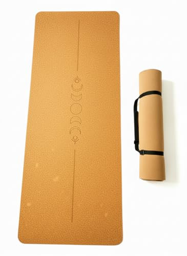 Kork yogamatta – miljövänlig och halkfri med TPE-baksida – 183 x 61,5 cm – för yoga, pilates och fitness – inkluderar gratis bärrem – lätt och hållbar (måne)