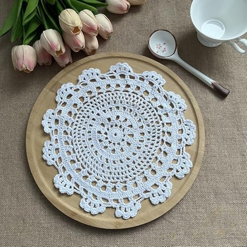 2 Stück 20CM Spitzendeckchen Gehäkelt Runde Untersetzer,handgefertigt Baumwolle Blume Tischdecke Tischläufer Dekorative Tischsets Spitzendeckchen Placemat für Küche, Esszimmer Party Hochzeit,Weiß