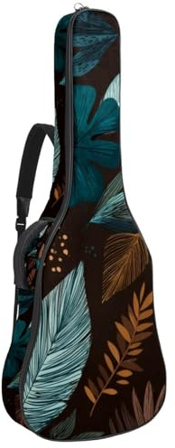Akustikgitarre Tasche 1cm Dicke Polsterung, Wasserdicht Oxford Tuch Gitarrentasche Rucksack für 40-42 Zoll E-Bass Klassische Gitarren, Tropisches Blatt Umrissmuster Neutrale Töne, Mehrfarbig 04