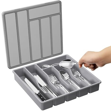Vassoio di argenteria con coperchio-scatola di archiviazione utensile impilabile, organizzatore di posate a 6 compartimenti | Porta di posate portatile per cucchiai, forchette, coltelli, copertura tra