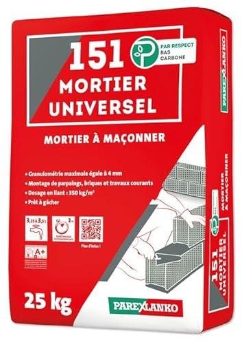 PAREXLANKO - Mortier à maçonner - 151 MORTIER UNIVERSEL - Prêt à gâcher - Montage de parpaings, briques et joints - Intérieur et extérieur - Gris - Sac de 25kg