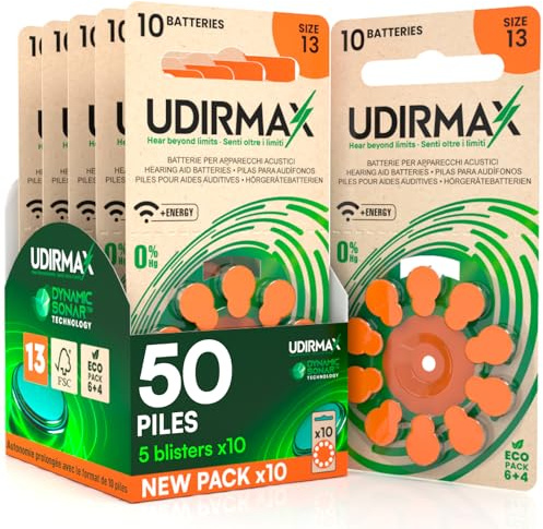 50 Batterien für Hörgeräte Größe 13 Udirmax PR48 Orange Zink-Luft mit Dynamic Sonar Technologie Öko-Pack - 5 umweltfreundliche Blisterpackungen mit 10 Hörgerätebatterien