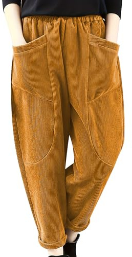 Weite Cordhose für Damen – Stretch-Cordhose für Damen, Haremshose, einfarbig, schicke Hose mit zwei Taschen, große Größe, Herbst-Haremshose, gelb, XXL