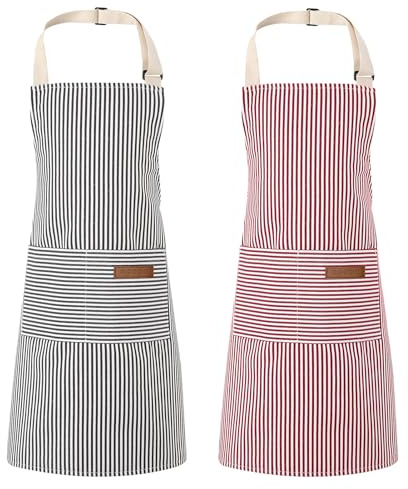 Livdouyu 2 Stück Schürze Kochschürze Verstellbare Küchenschürze mit Taschen | Frauen und Männer Kittelschürze,Baumwolle Schürze,gestreiftes Design,zum Kochen, Malen, Backen, Hausarbeiten