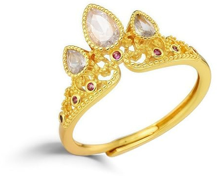 Bague couronne femme, anneau ouvert réglable, cuivre finition dorée avec zircones, design diadème ajouré, style vintage étincelant, cadeau anniversaire & mariage