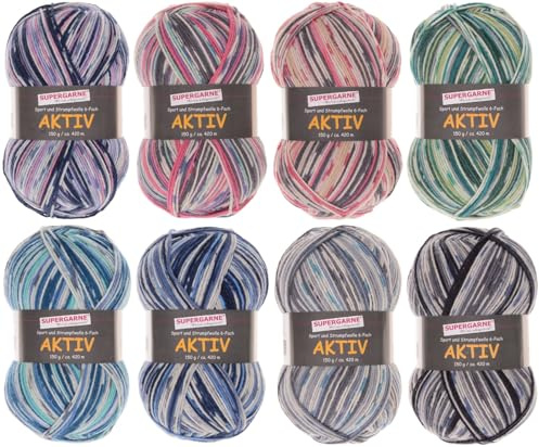 SUPERGARNE Sockenwolle Aktiv 6-fädig - 1200 g (8x150g), Strapazierfähig, Maschinenwaschbar, Made in EU, Ideal für Socken und Strickprojekt (Norway)