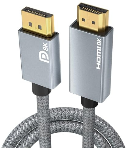 8K DisplayPort to HDMI Cable 1M - 8K@60Hz 4K@240Hz, Active DP 1.4 Source to HDMI 2.1 Display, Nylon Braided, Alloy Housing, Unidirectional Cord for Laptop, PC, Graphics Card to Monitor, TV, Projector