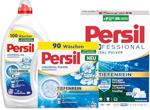 PERSIL Universal Pulver Morgenfrische 90 WL 4,95 kg + PERSIL Universal Kraft-Gel Morgenfrische 100 WL 4,5 L + Pulver Universal Professional 130 WL 7,8 kg – XXL Waschmittel Set für große Wäschemengen