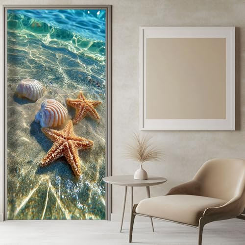 Tür Tapeten 3d Selbstklebend Strand Seestern Meer - Türtapete Türposter Türaufkleber Vinyl Türfolie Blaugrün Diy Wandbild Wohnzimmer Schlafzimmer Badezimmer 77x200 cm