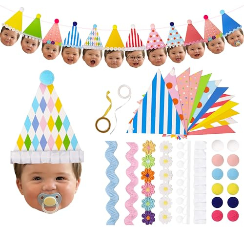 DIY 1st Birthday Baby Face Banner Craft Kit - Personalized Photo Garland for Girl or Boy - Includes 12 Triangles & Decorations (Need to Print Photos & Assemble)