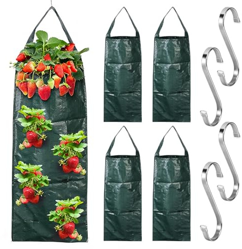 AVCXEC 4 Stück Erdbeer Pflanzsack, Hängend Erdbeeren Pflanztaschen für Draußen mit 8 Löchern Erdbeere Pflanzsack mit Griffe und Haken Erdbeeren Pflanzen Pflanzsäcke für Erdbeer Tomaten Kräuter Gemüse