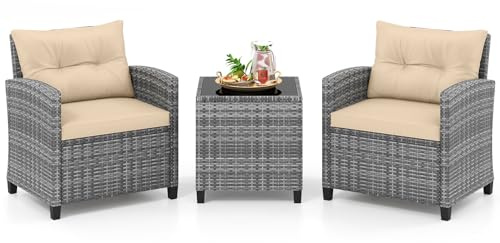 COSTWAY Conjunto Jardin Exterior de Ratán 3 Piezas, 2 Sillas de Ratán y Mesa con Tablero de Cristal Templado, Muebles de Conversación de Mimbre para Patio con Cojines para Balcón Porche