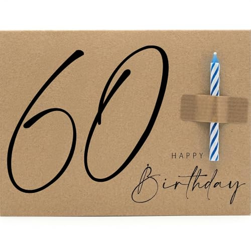 Geburtstagskarte mit Kerze zum 60. Geburtstag – A6 Klappkarte aus 400g Recycling-Karton mit echter Kerze und Kraftpapier-Umschlag (60. Geburtstag)