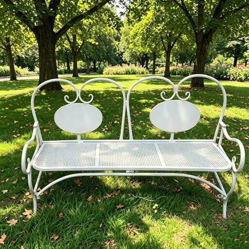 CUXAHO Klappbank – Gartenbank Gartenstuhl Landhausstil Metall, Parkbank mit Rückenlehne,Vintage Outdoor Eisenbank Ruhebank Balkonbank, Gartenmöbel Bänke for Garten, Park, Balkon(Wit)