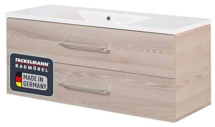 FACKELMANN Waschtischunterschrank inkl. Gussbecken B.CLEVER/Soft-Close-System/Maße (B x H x T): ca. 120 x 48,5 x 46 cm/Möbel fürs WC oder Badezimmer/Schrank: Braun hell/Becken: Weiß