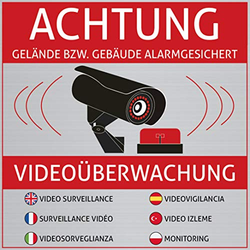 6 Achtung Videoüberwachung Aufkleber – Schild – Sticker (Kameraüberwachung – Überwachungskamera – Alarmanlage – Alarmgesichert – Hinweisschild – Warnschild) Edelstahl-Optik – 10 cm x 10 cm