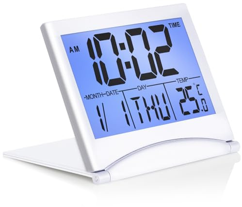 Betus Digital Travel Alarm Clock with White Backlight - Foldable Calendar Temperature Timer LCD Clock with Snooze Mode - Large Number Display, Battery Operated - Compact Desk Clock for All Ages