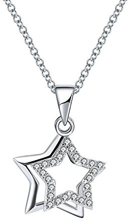 Belons Damen Kette 925 Sterling Silber Zirkonia Halskette Kette mit Anhänger Doppel Sterne Sternchen Anhänger