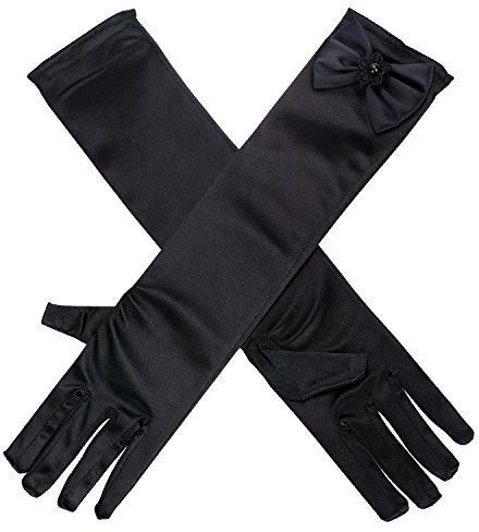 LONTG Brauthandschuhe lang Frauen Damen Mädchen Spitzenhandschuhe für Hochzeit Abend party Halloween Hochzeitshandschuhe Schwarz mit Bogen als Geschenk