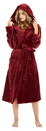 HEARTNICE Womens Hooded Fleece Robe, Soft Plush Bathrobe for Womens, Fluffy Cute Long House Coat (A-Wine Hooded, S/M)