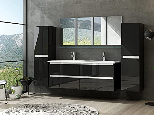 Homeline Badmöbel Set mit Schubladen Glas ablage (Marcel Schwarz, 120 cm Doppelbecken 2X Hochschrank)