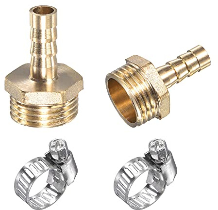 sourcing map Brass Hose Barb Fitting Straight 8mm x G1/2 Male Thread Pipe Connector with Stainless Steel Hose Clamp, Pack of 2