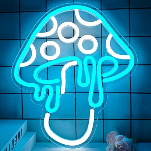 Ajoyferris Mushroom Neon Sign Dimmable Neon Light Sign Mushroom Night Light 3D Light Up Mushrooms Neon Signs for Wall Decor Game Room Bedroom Gift for Kids(Ice Blue)