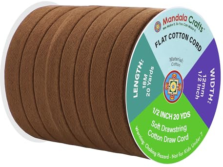 Mandala Crafts Brown Flat Drawstring Replacement, 1/2 Inch 20 YDs Brown Soft Drawstring Cotton Draw Cord Hoodie Sweatpants Drawcord Replacement
