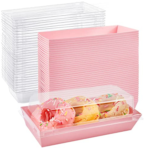Ocmoiy 100 scatole di carta per salumi con coperchi trasparenti sicuri, contenitori rettangolari usa e getta per dessert, scatole da forno rosa per fragole, biscotti, bombe al cacao caldo, cupcake,